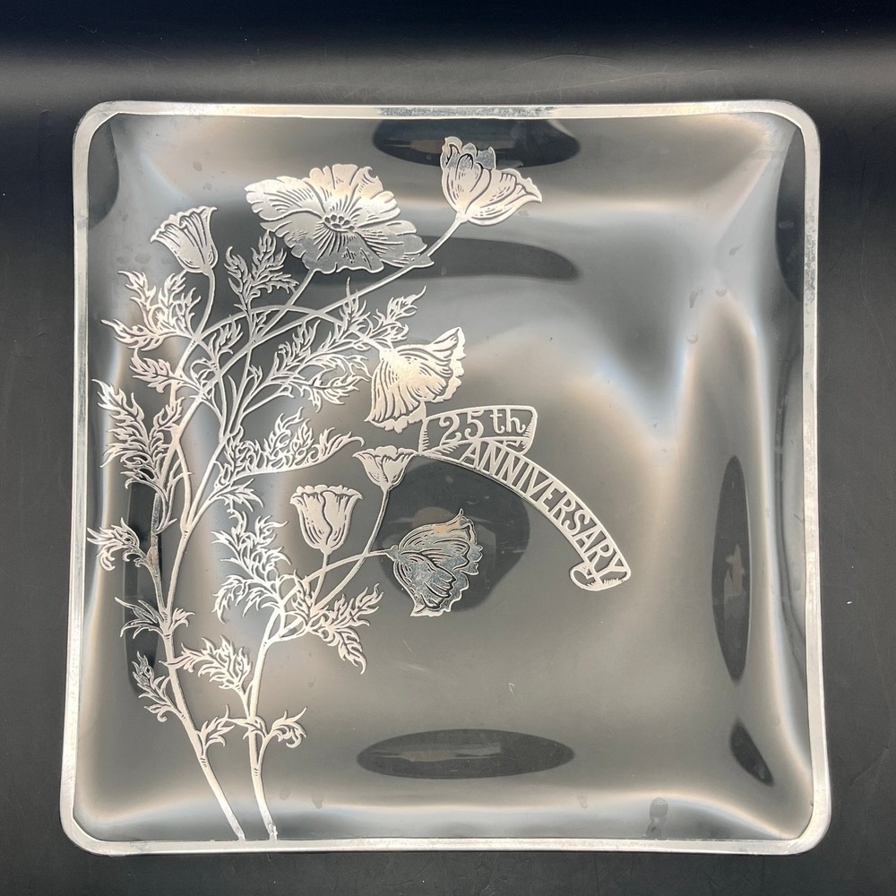 Vtg 25th Anniversary Clear Glass Serving Plate Floral Silver Square Dish 10" Sq.